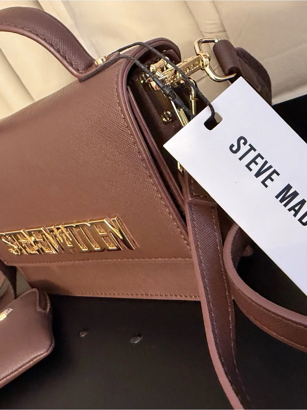 Steve Madden Brown Saffiano Top-Handle Satchel with Gold Logo